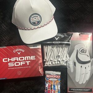 Callaway White Hat, Gloves, and Red Chrome Soft Golf Set